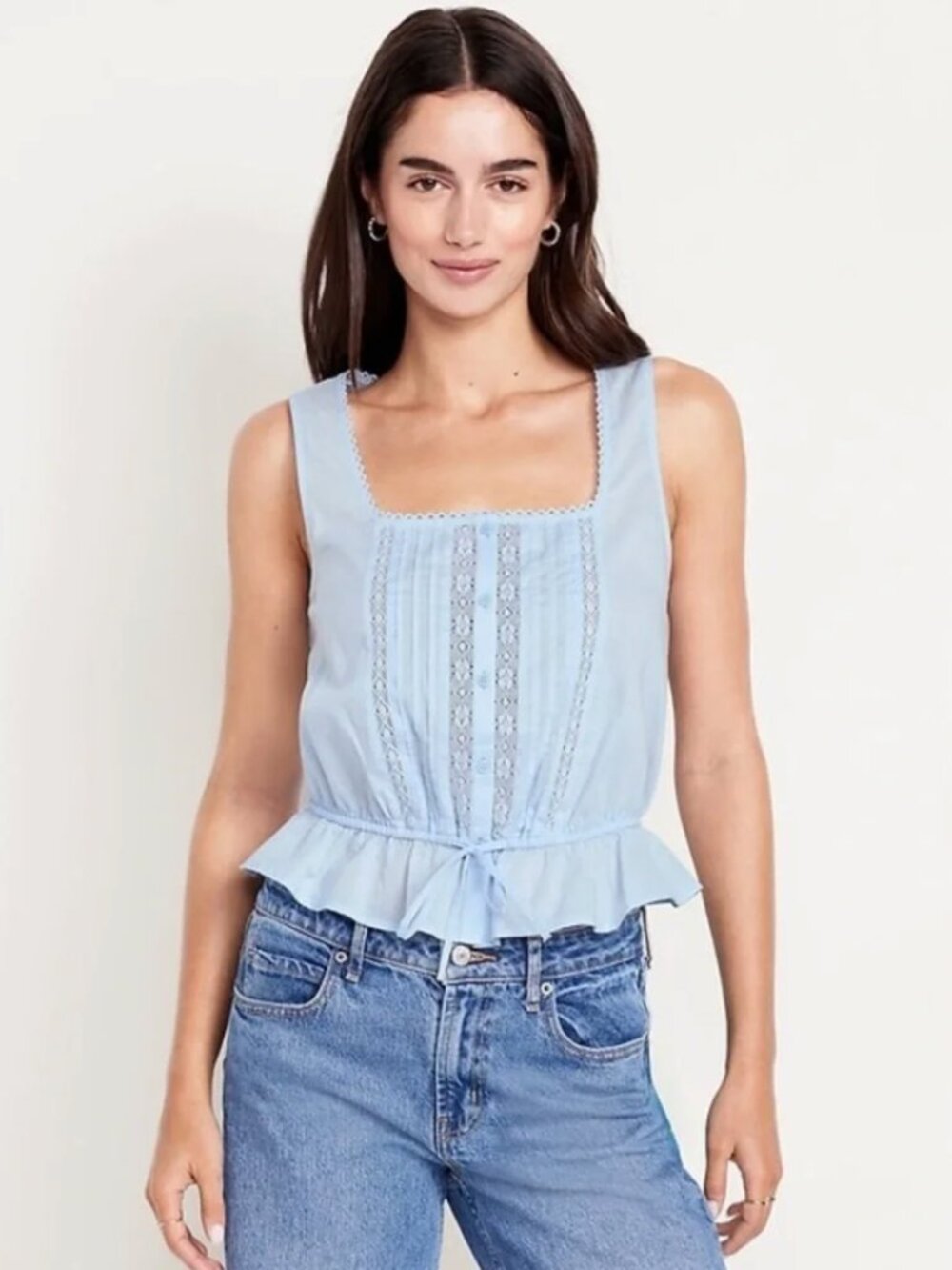 Old Navy Tie-Waist Lace-Trim Top Pintuck Peplum Light Blue  Medium NWOT
